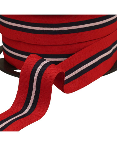 Bobina de 20m de elástico bicolor con ribete central rojo de 32mm