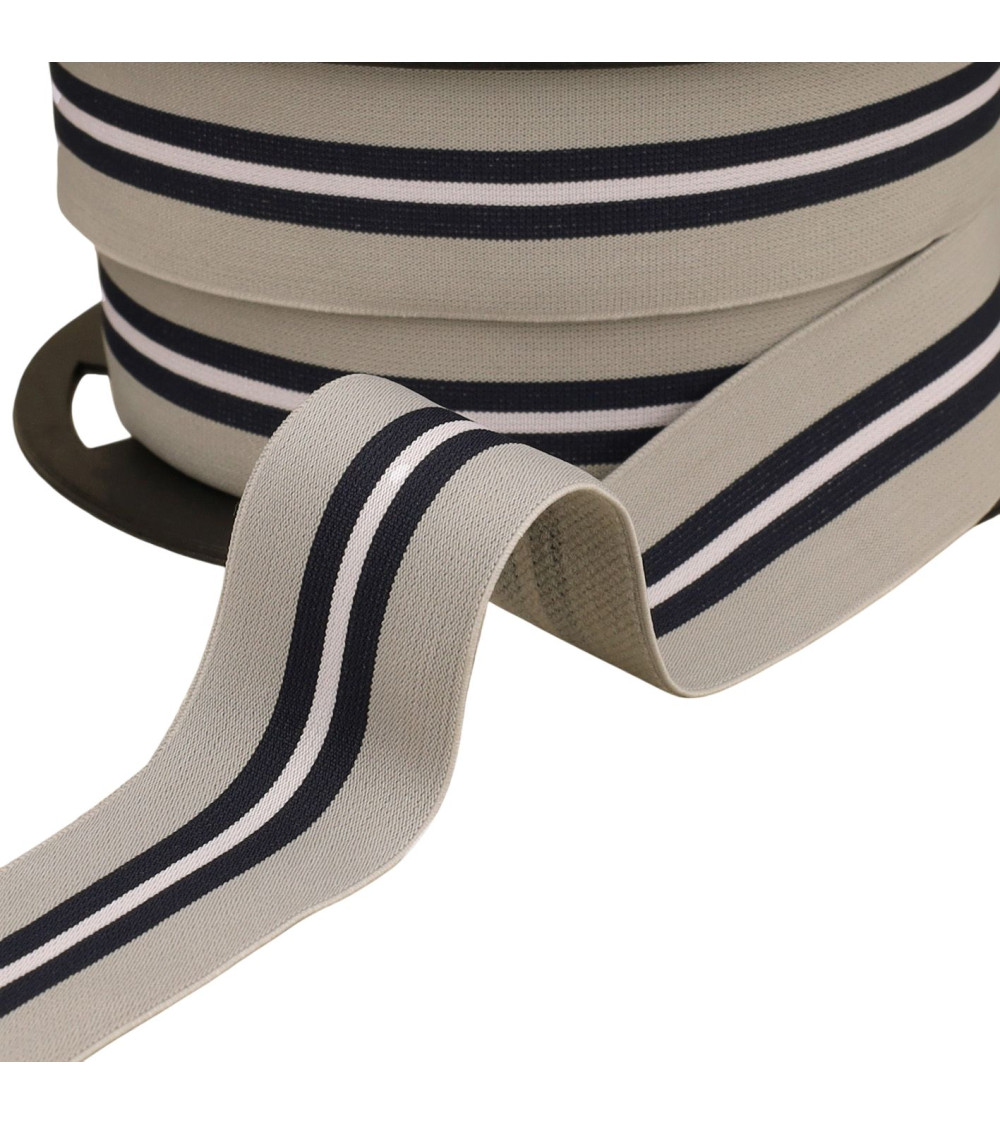 Bobina de 20m de elástico bicolor con ribete central gris claro de 32mm