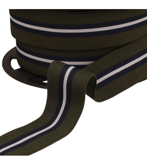 20m reel of two-tone elastic with central 32mm khaki edging