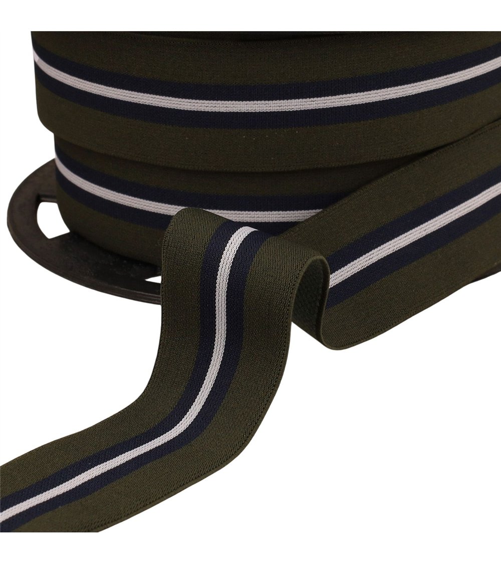 Bobine 20m élastique bicolore avec liseret central 32mm kaki