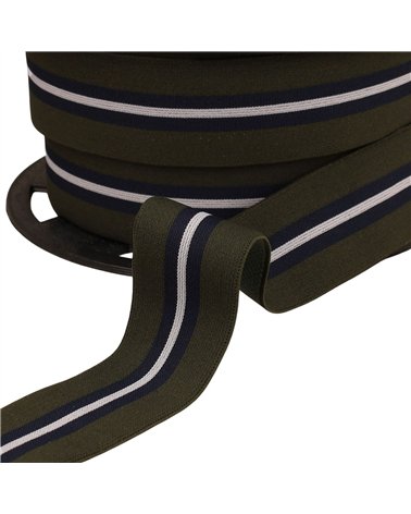 Bobine 20m élastique bicolore avec liseret central 32mm kaki