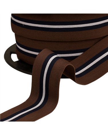 Bobine 20m élastique bicolore avec liseret central 32mm marron café