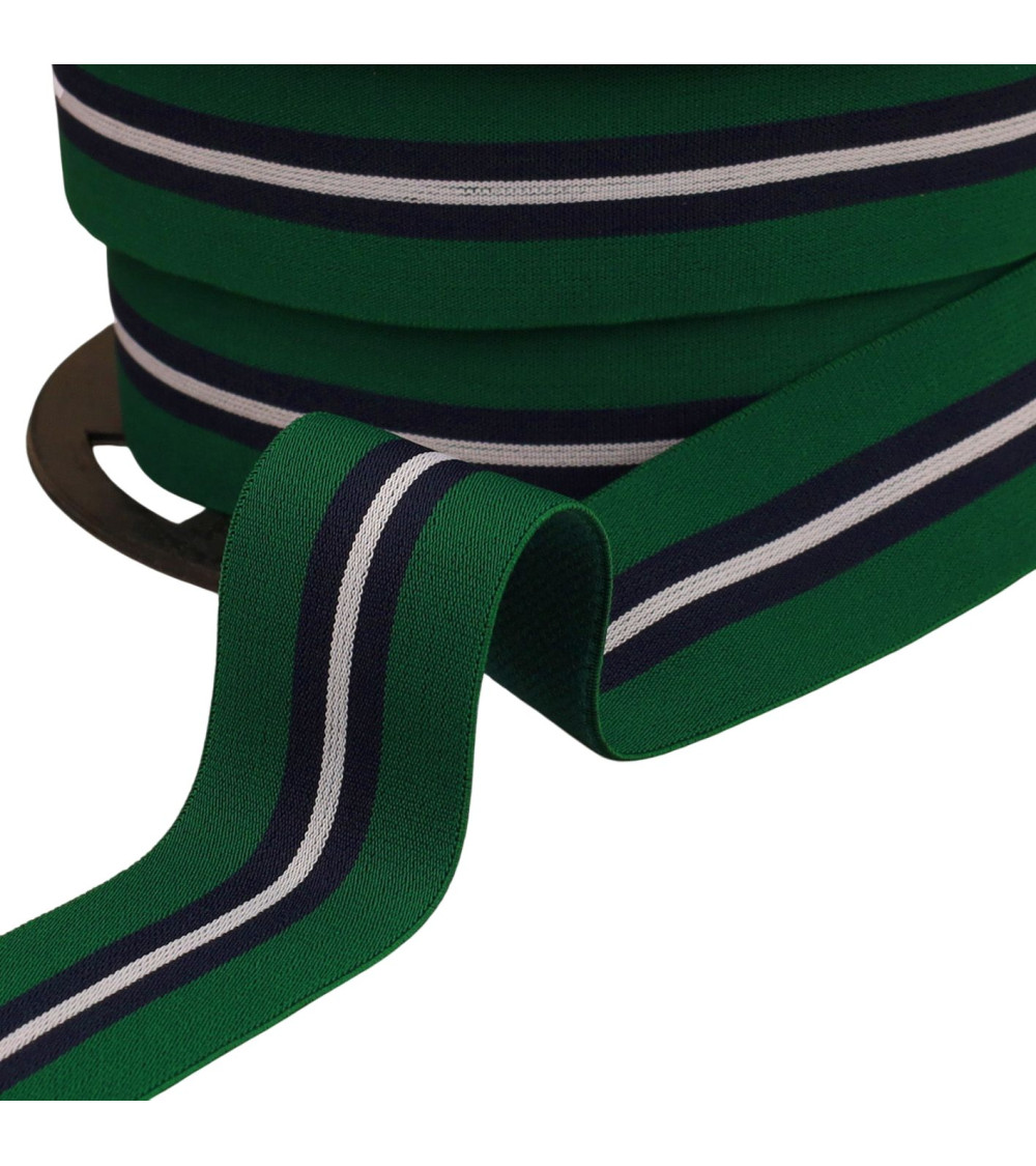 Bobina de 20m de elástico bicolor con ribete central verde botella de 32mm