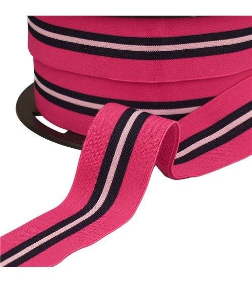Bobine 20m élastique bicolore avec liseret central 32mm framboise