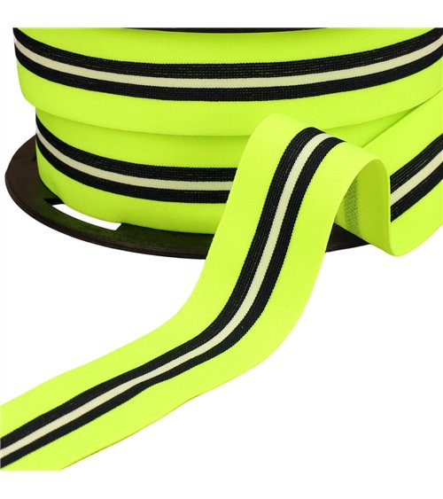Bobine 20m élastique bicolore avec liseret central 32mm jaune fluo