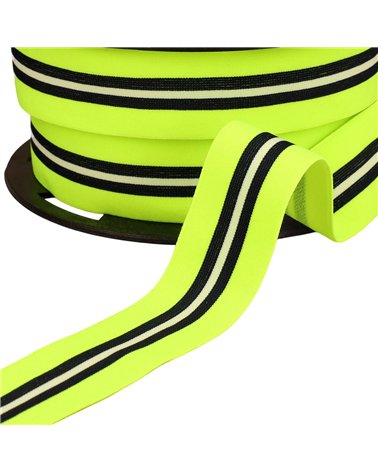 Bobine 20m élastique bicolore avec liseret central 32mm jaune fluo