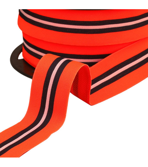 Bobina de 20m de elástico bicolor con ribete central naranja fluo de 32mm