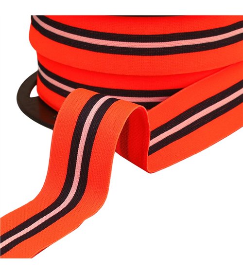 Bobine 20m élastique bicolore avec liseret central 32mm orange fluo