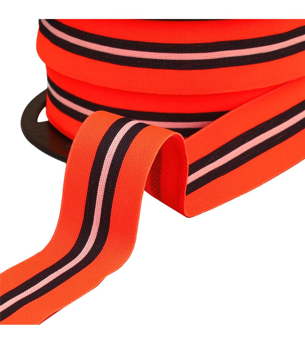 Bobine 20m élastique bicolore avec liseret central 32mm orange fluo