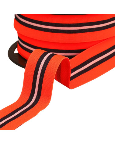 Bobina de 20m de elástico bicolor con ribete central naranja fluo de 32mm