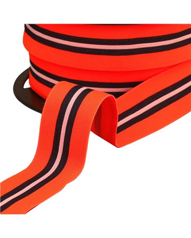 Bobine 20m élastique bicolore avec liseret central 32mm orange fluo