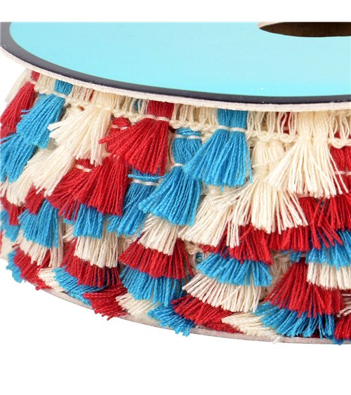 Frange pompons multicolore 15mm écru au mètre