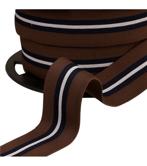 Elastique bicolore avec liseret central 32mm marron café au mètre