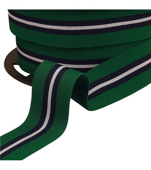 Elastique bicolore avec liseret central 32mm vert bouteille au mètre