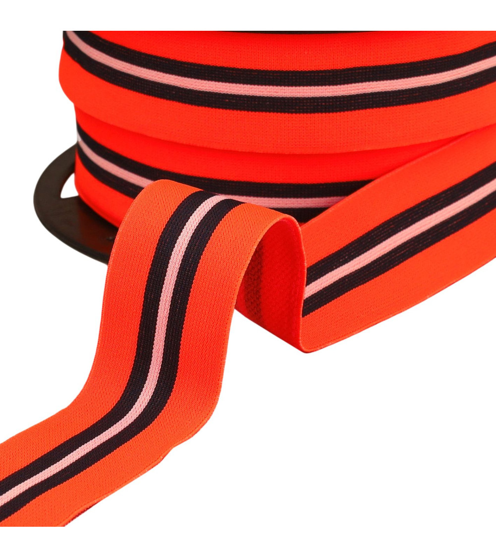 Elástico bicolor con ribete central 32mm naranja flúor por metro