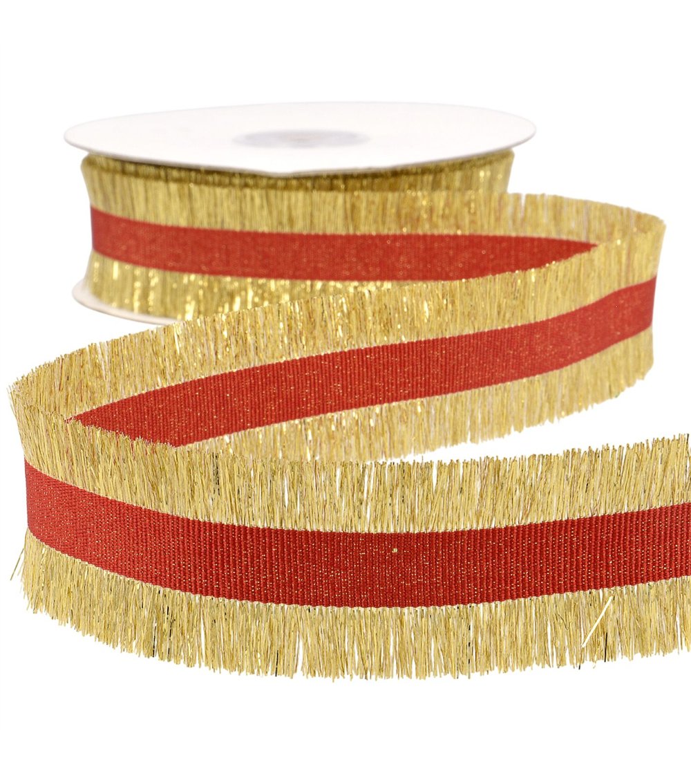 Galon frangette 33mm or  rouge au mètre