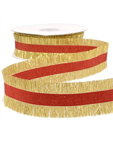 Galon frangette 33mm or  rouge au mètre