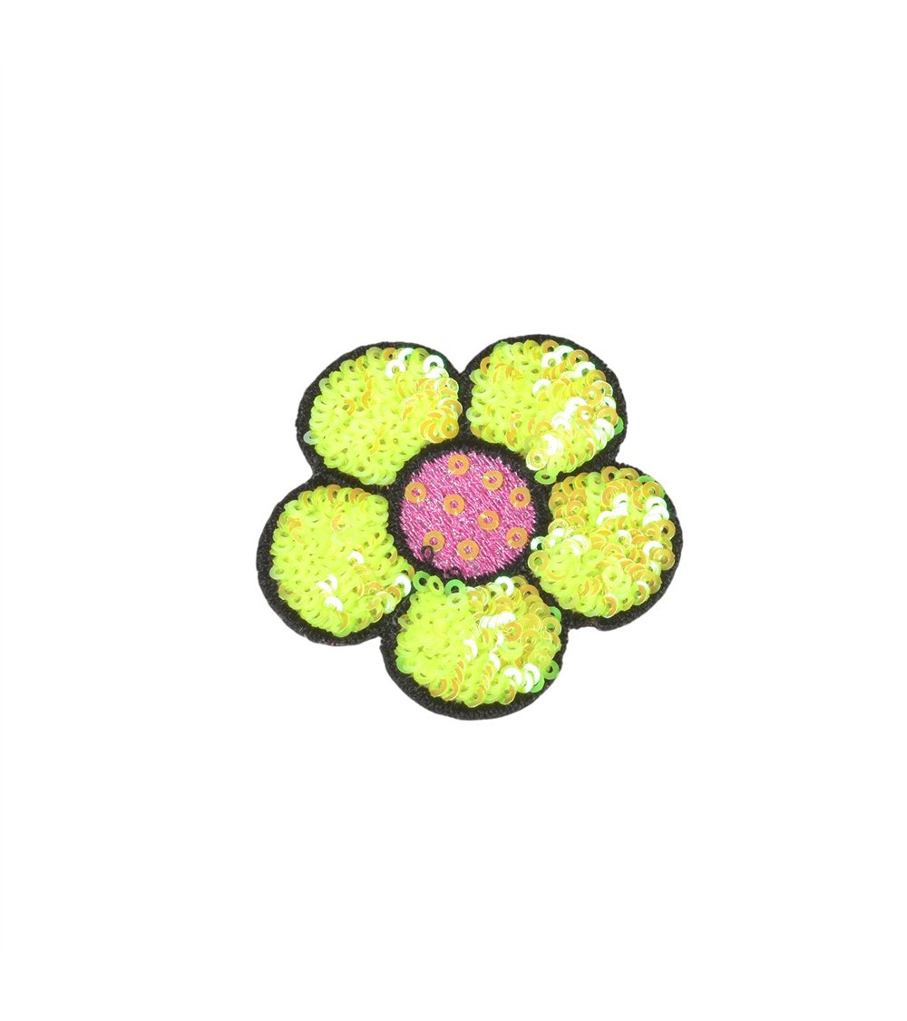 Ecusson thermocollant fleur sequins jaune maïs 6x5,5cm