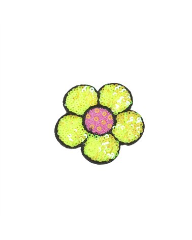 Ecusson thermocollant fleur sequins jaune maïs 6x5,5cm