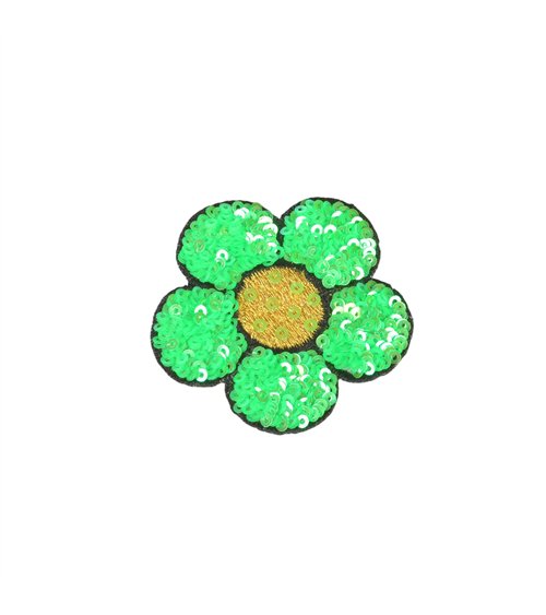 Ecusson thermocollant fleur sequins vert gazon 6x5,5cm