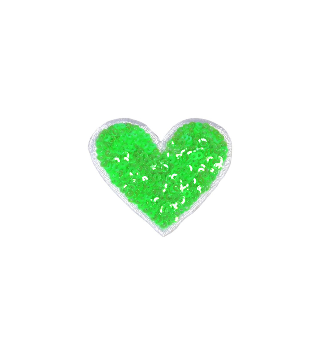 Set di 3 toppe termoadesive a cuore con paillettes verde erba 8,5x7 cm