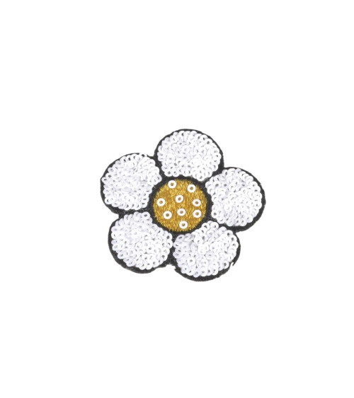 Set mit 3 weißen Pailletten-Blumen-Aufnähern zum Aufbügeln, 8,5 x 7 cm