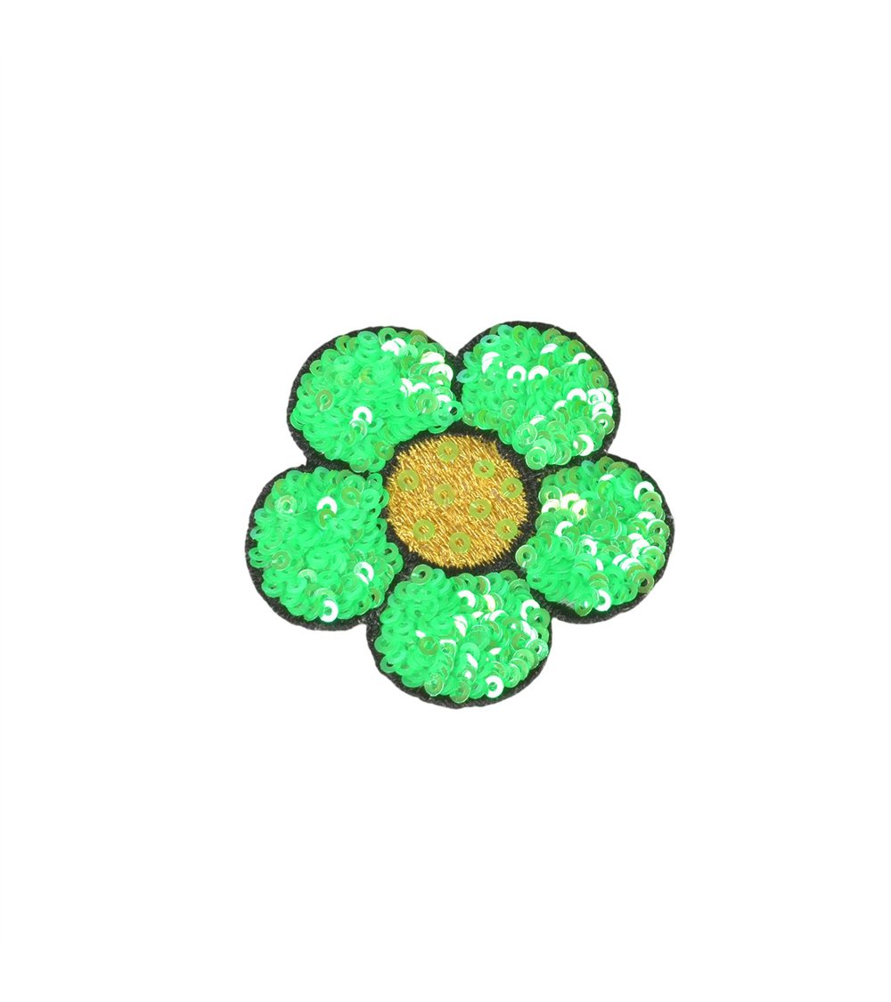 Lot de 3 écussons thermocollants  fleur sequins vert gazon 8,5x7cm