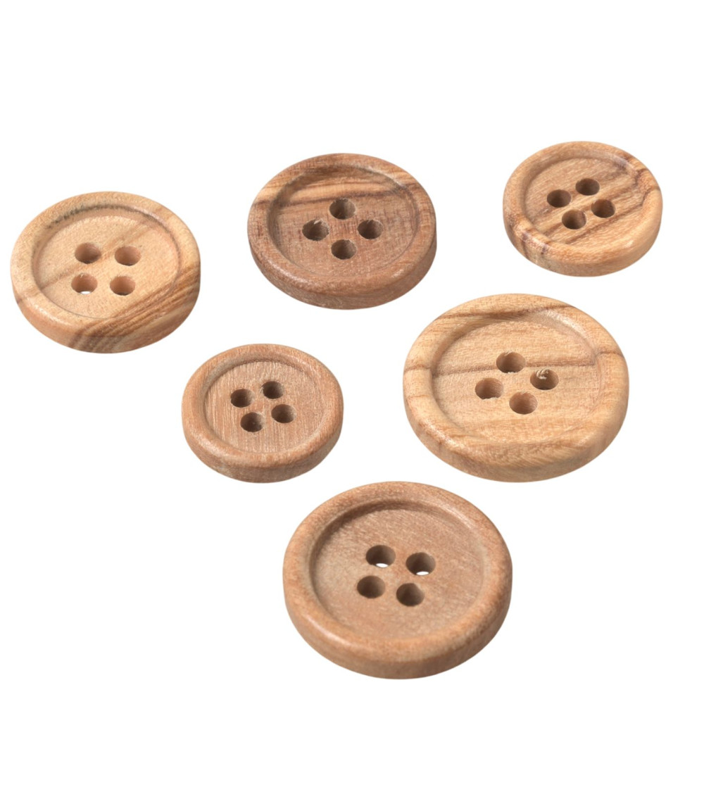Set mit 6 Holzknöpfen, kleiner Rand, 4 Löcher, Naturholz