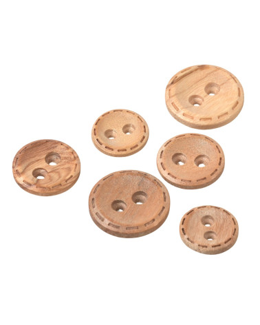 Set mit 6 gestrichelten Holzknöpfen mit 2 Löchern aus Naturholz