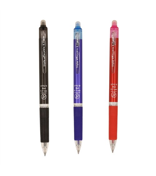 Blister 3 stylos 0.7mm noir, bleu et rouge effaçables à la chaleur