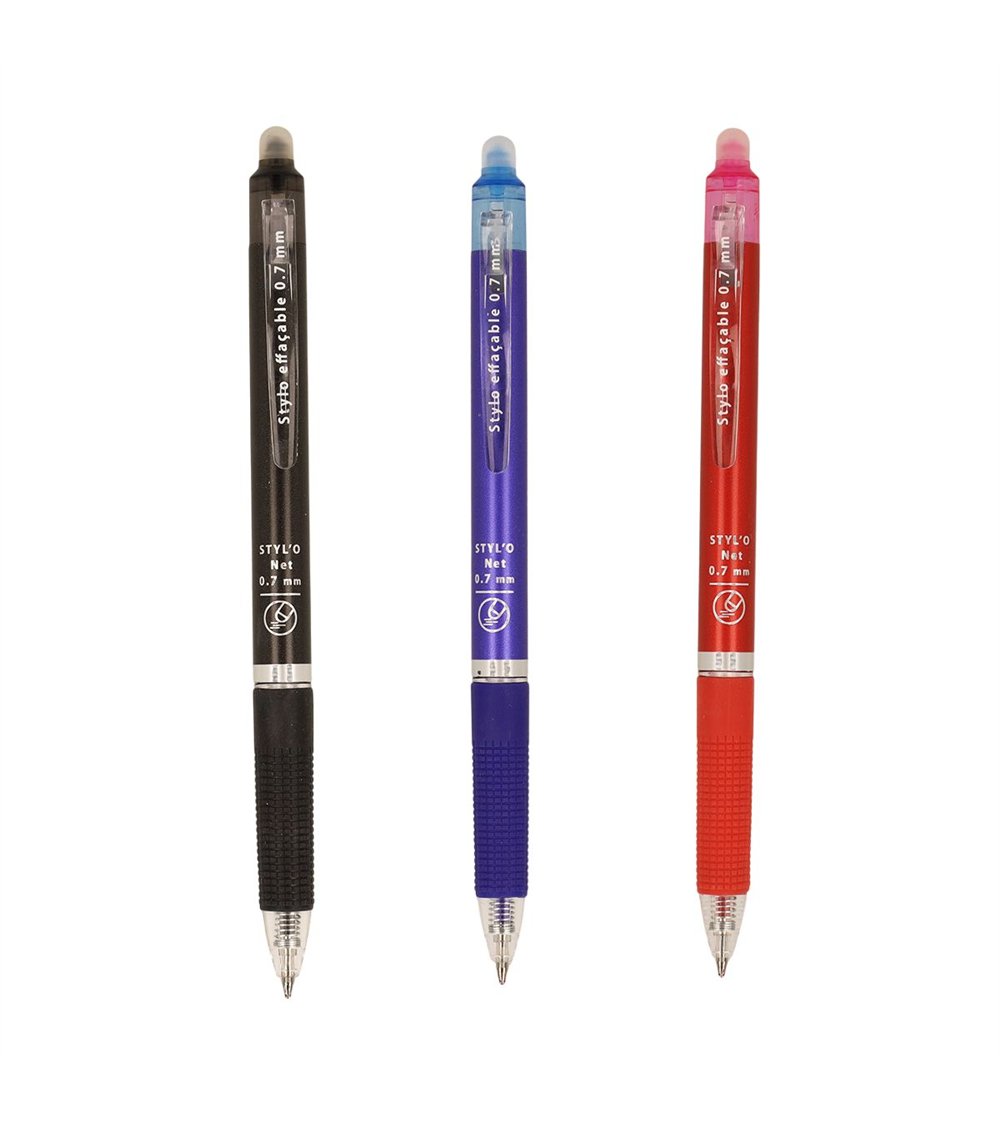 Blister 3 stylos 0.7mm noir, bleu et rouge effaçables à la chaleur