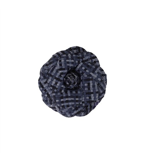 Broche fleur carreaux 7,5cm navy