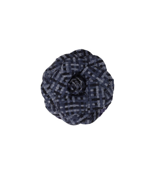 Broche flor de cuadros 7,5cm azul marino