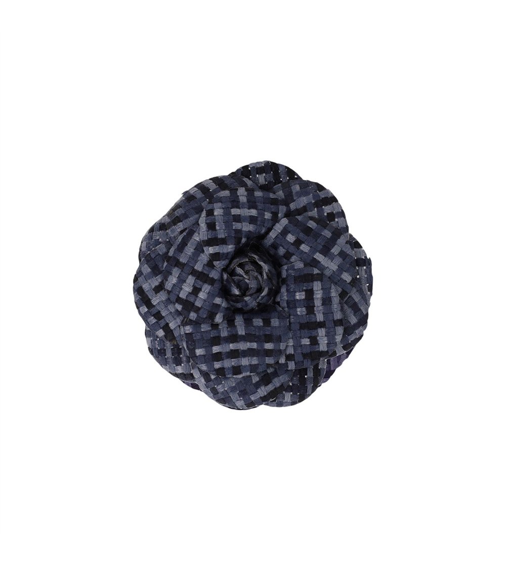 Broche fleur carreaux 7,5cm navy