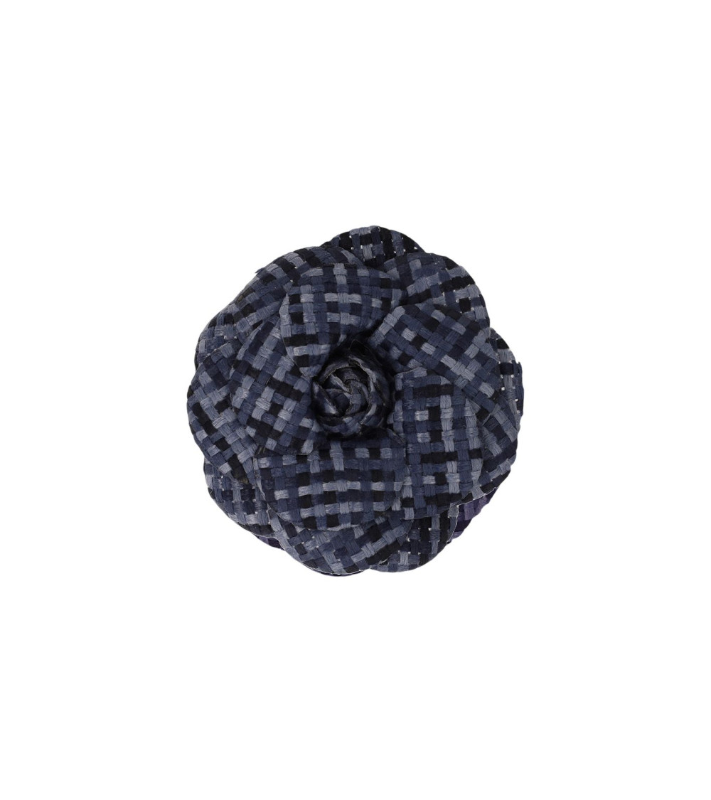 Broche flor de cuadros 7,5cm azul marino