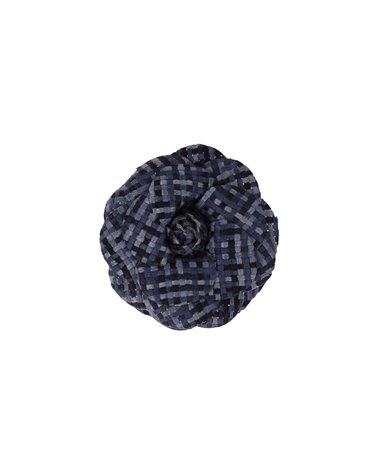 Broche fleur carreaux 7,5cm navy
