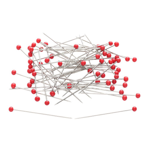 Box of 100 glass head pins, 38mm red