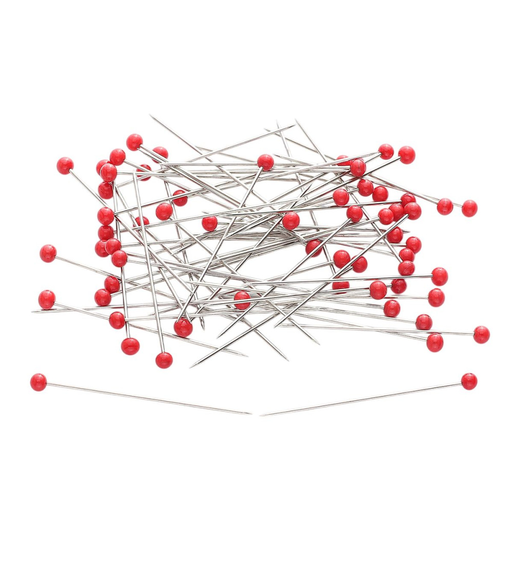 Box of 100 glass head pins, 38mm red