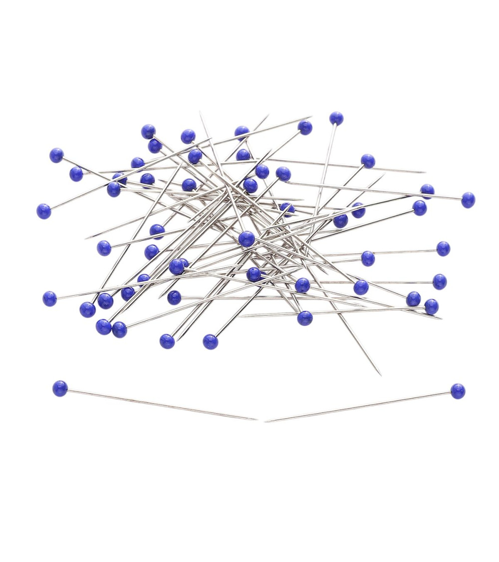 Box of 100 glass head pins 38mm royal blue