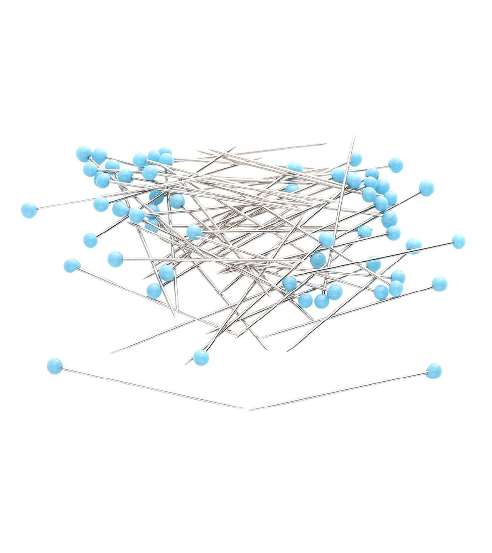 Caja de 100 alfileres con cabeza de cristal 38mm color turquesa