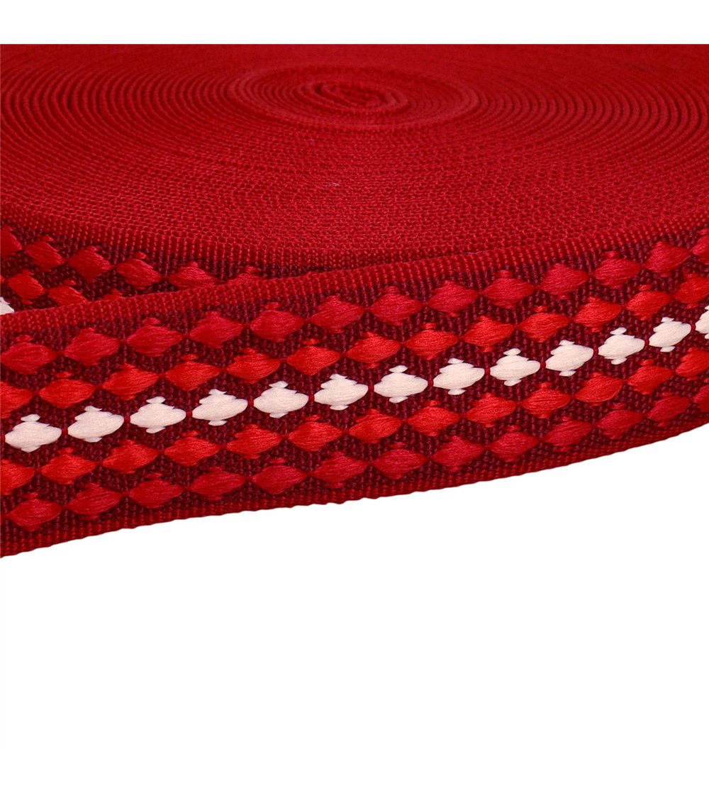 Bobine 14,5m sangle losanges multicolores 38mm rouge