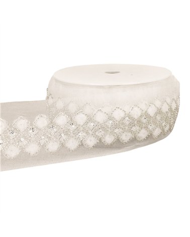 Bobine 9,6m galon brodé paillettes 75mm blanc