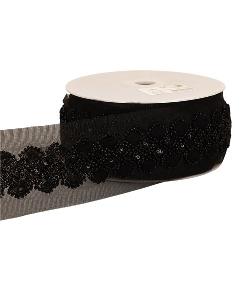 Bobine 9,6m galon brodé paillettes 75mm noir