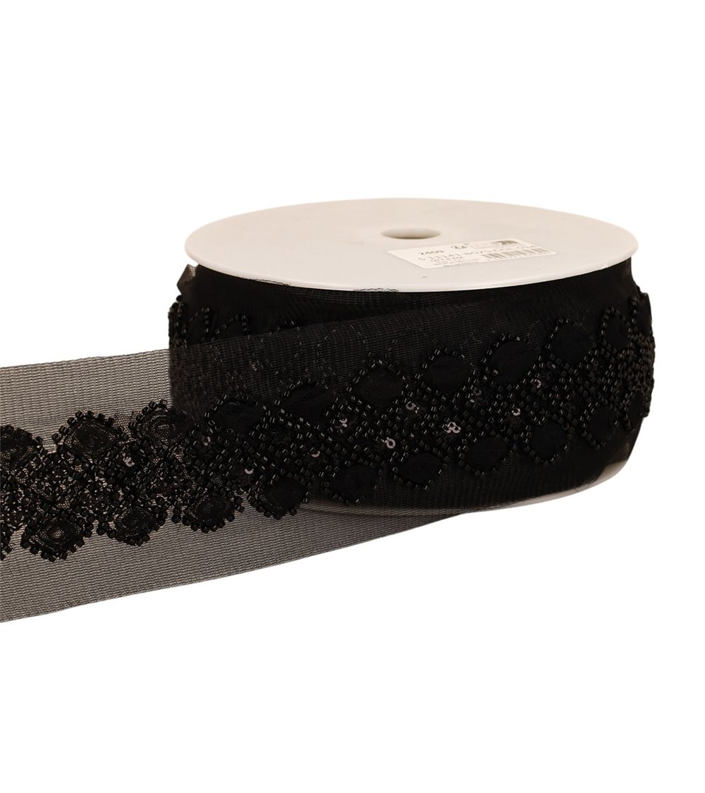 Bobine 9,6m galon brodé paillettes 75mm noir