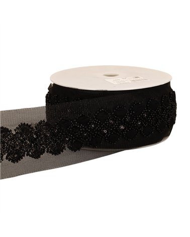 Bobine 9,6m galon brodé paillettes 75mm noir