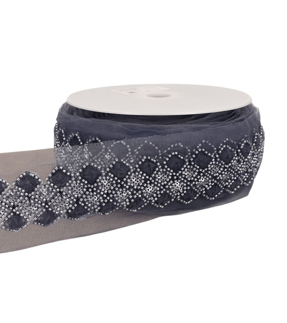 Bobina da 9,6 m di treccia ricamata con paillettes da 75 mm blu navy
