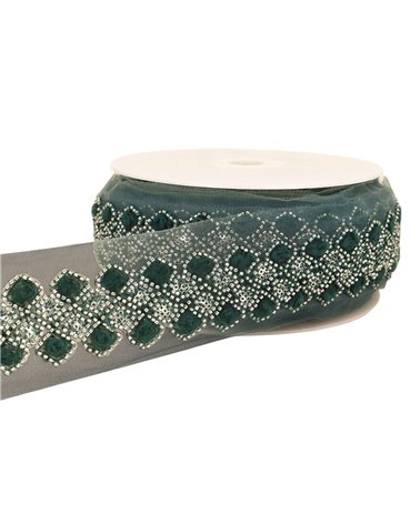 Bobine 9,6m galon brodé paillettes 75mm bleu canard