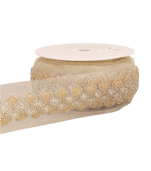 Bobine 9,6m galon brodé paillettes 75mm beige