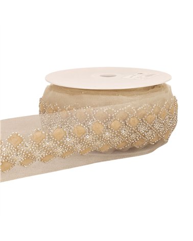 Bobine 9,6m galon brodé paillettes 75mm beige