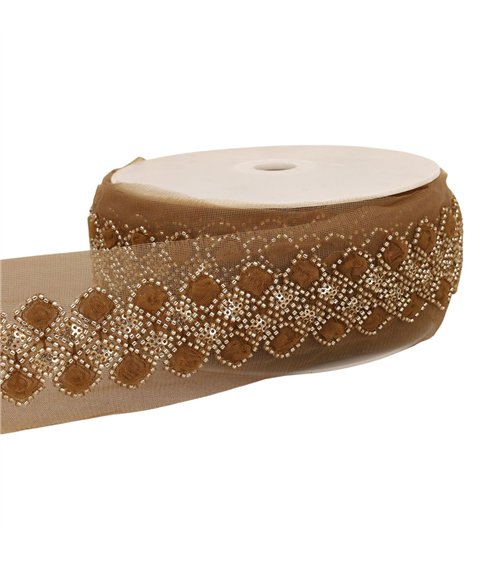 Bobine 9,6m galon brodé paillettes 75mm marron chocolat